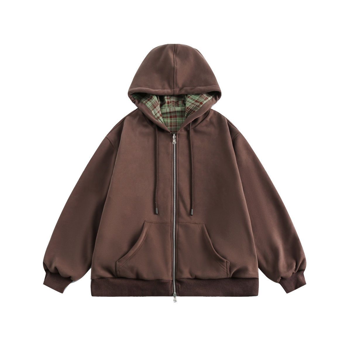 Vintage Zip Hoodie - Felpa con Cappuccio a Quadri Marrone