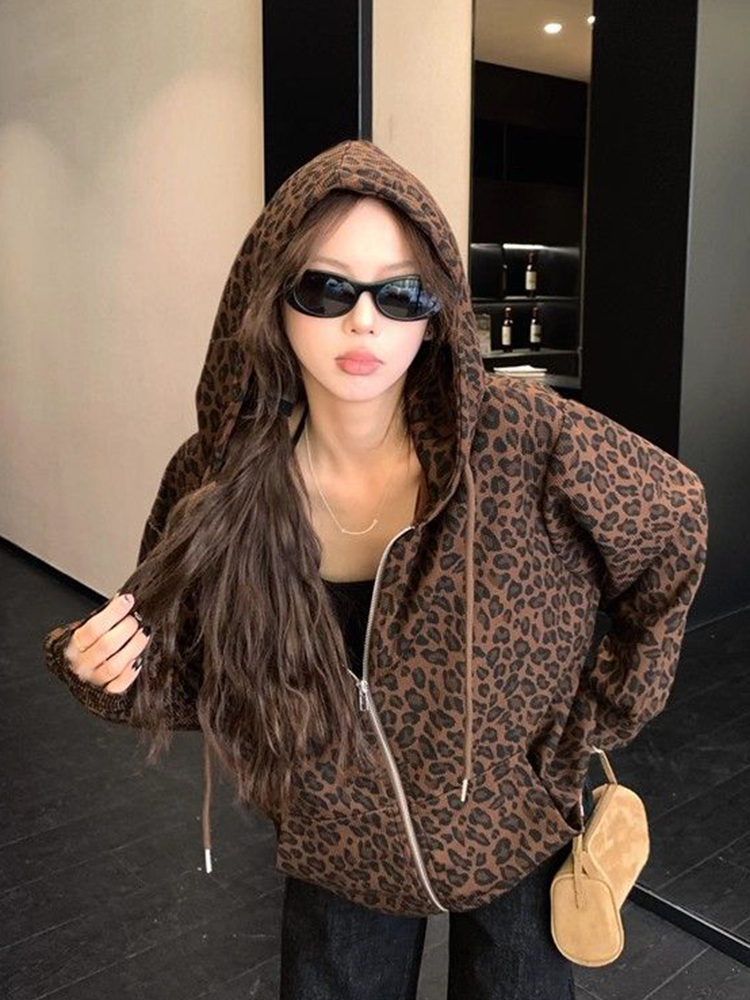 Vintage Zip Hoodie - Felpe con cappuccio leopardate Y2K da